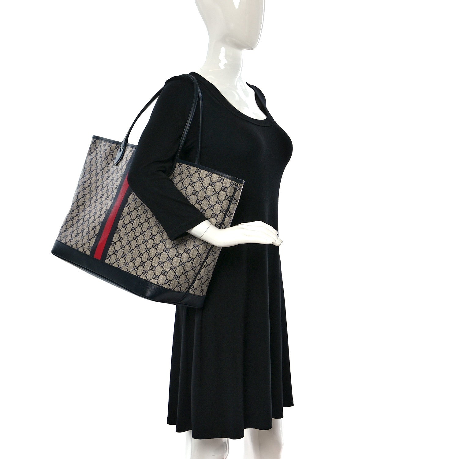 Gucci GG Supreme Monogram Textured Dollar Calfskin Web Large Ophidia Tote Beige Blue 2 of 10