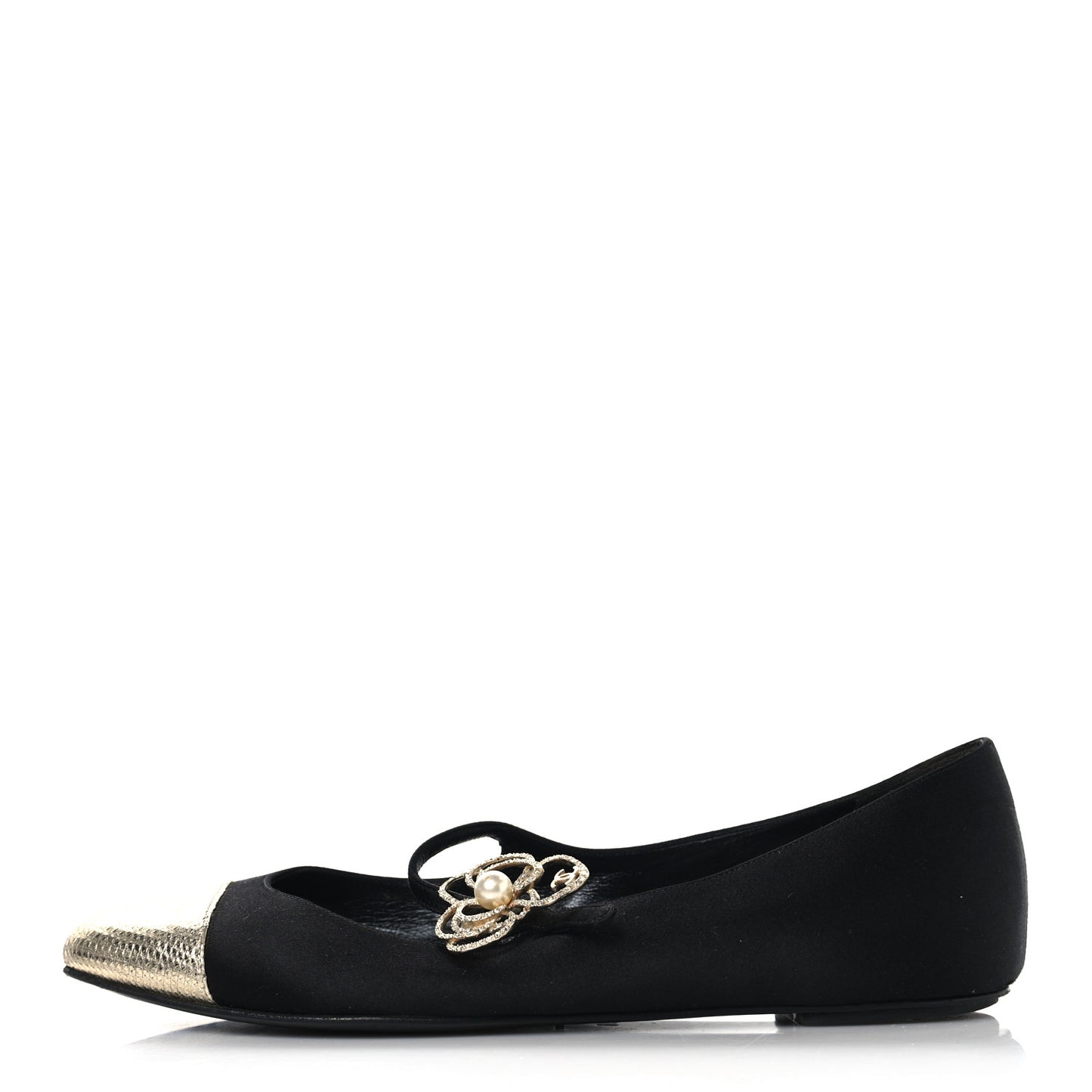 Satin Crystal Snakeskin Embossed Cap Toe Ballerina Flats 38 Black Gold