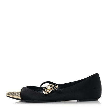 Chanel Satin Crystal Snakeskin Embossed Cap Toe Ballerina Flats 38 Black Gold 1 of 9