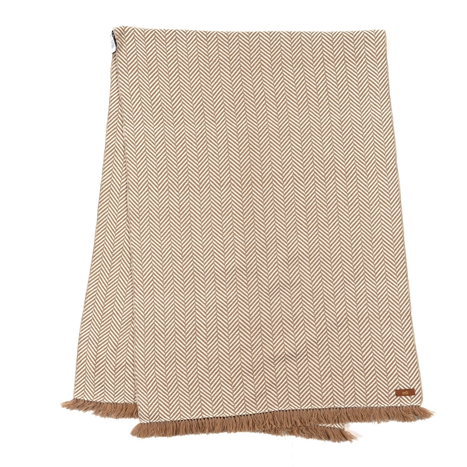 Hermes Cashmere H Chevron Fringe Stole Camel Ivory 2 of 3