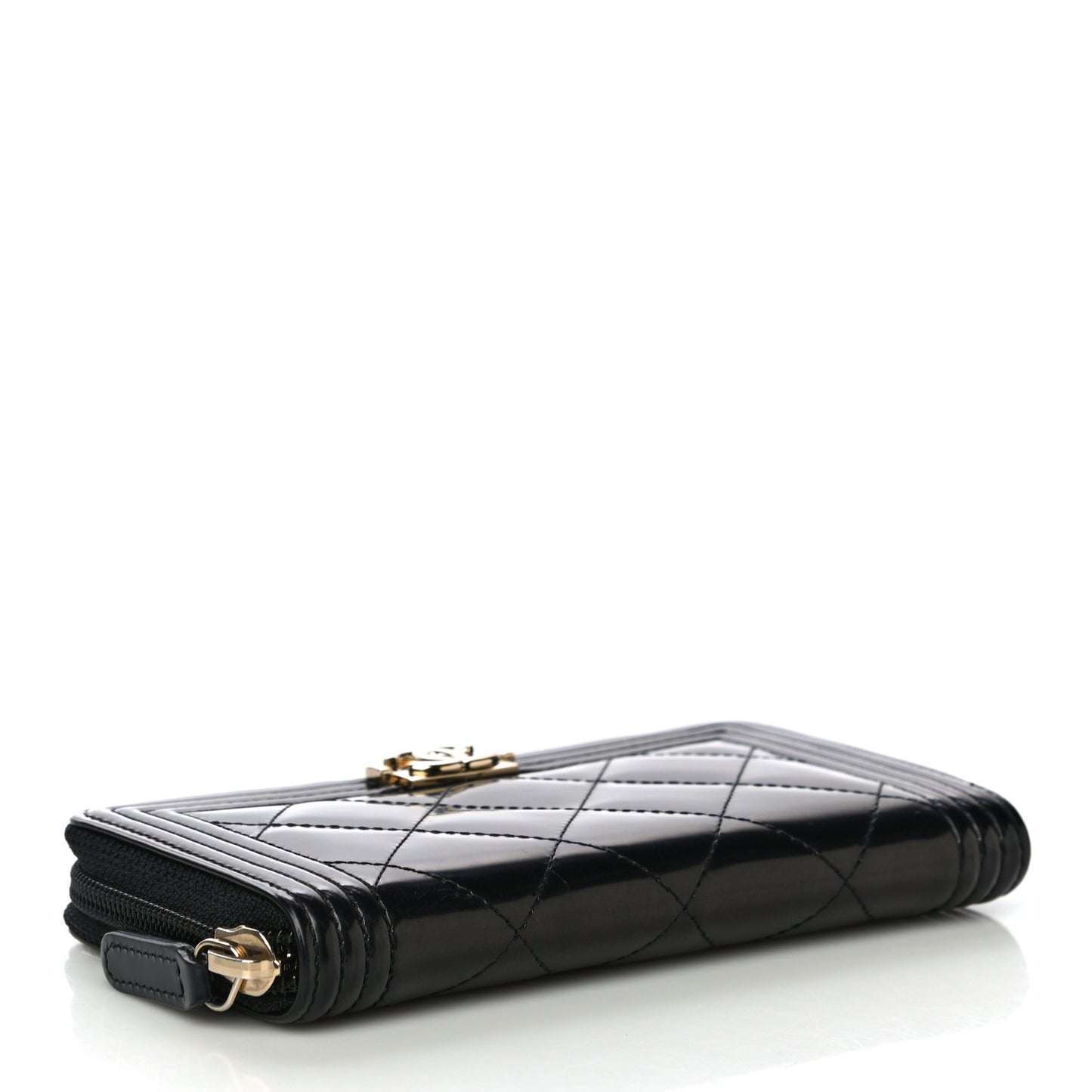 Glazed Calfskin Quilted Small Boy Zip Around Wallet Black