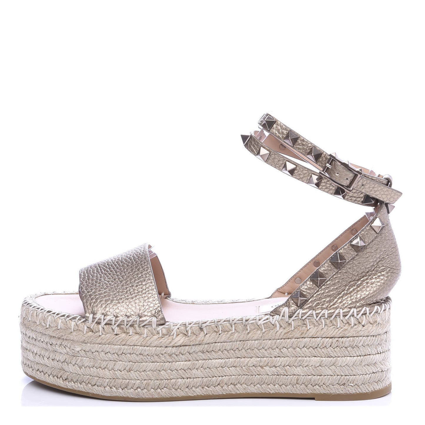 Metallic Grained Calfskin Rockstud Ankle Wrap Espadrille Flatform Sandals 37 Skin Natural