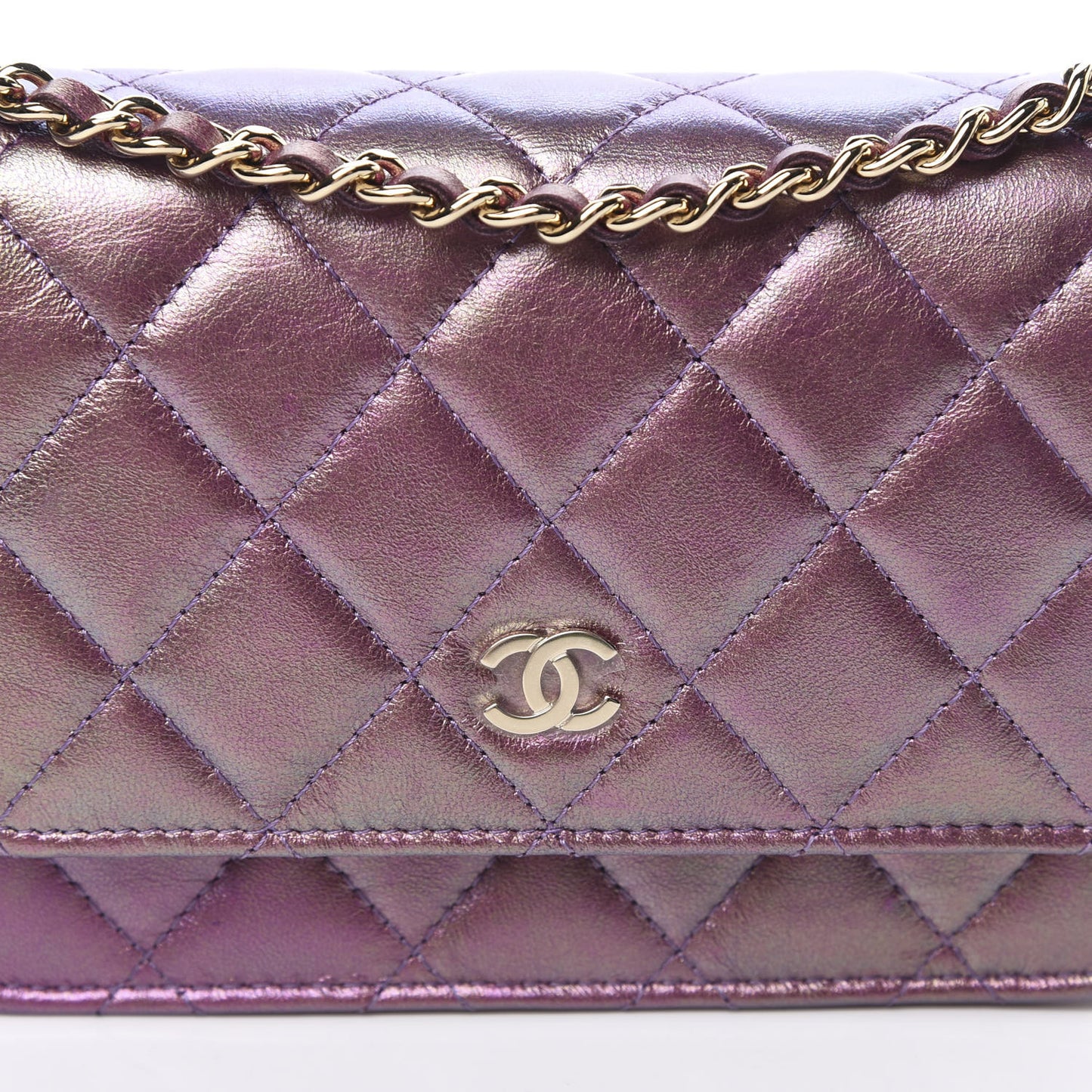 Iridescent Lambskin Quilted Mini Wallet On Chain WOC Purple