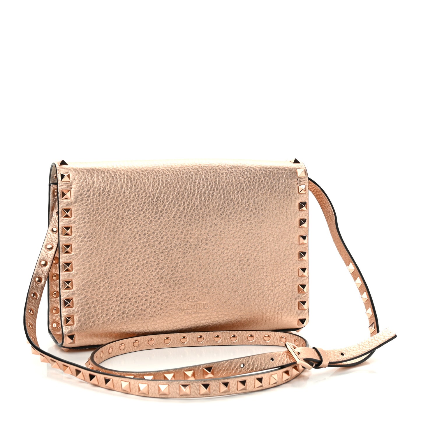 Metallic Pebbled Calfskin Medium Rockstud Flip Lock Crossbody Bag Rame