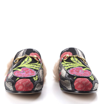 Gucci Brocade Fur Floral Womens Princetown Slippers 39.5 Black Anthracite 2 of 9
