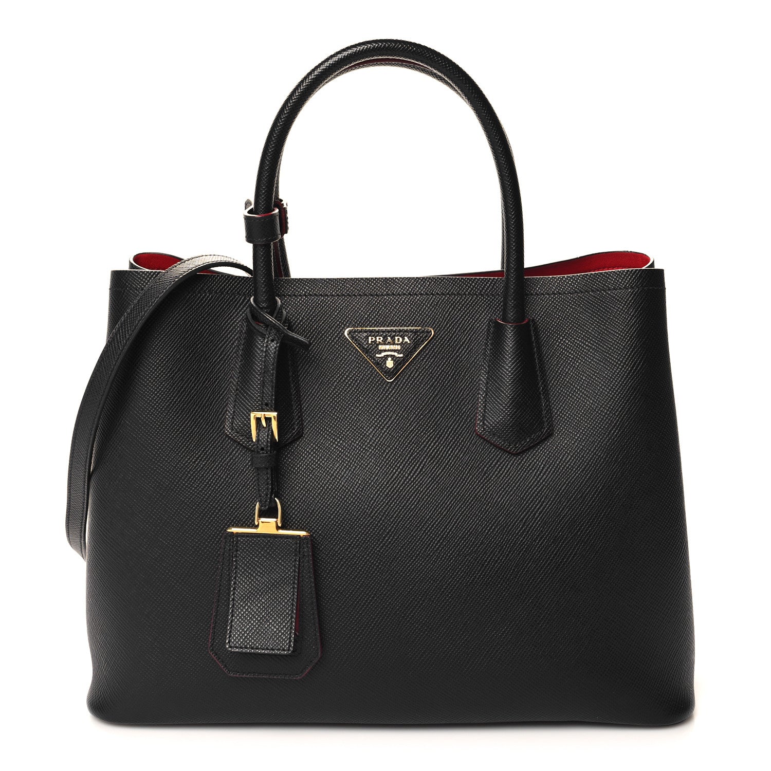 Prada Saffiano Cuir Medium Double Bag Black Fuoco 1 of 9