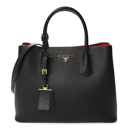 Prada Saffiano Cuir Medium Double Bag Black Fuoco 1 of 9