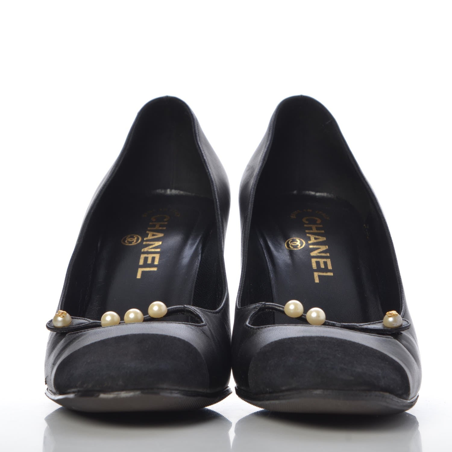 Chanel Lambskin Suede Cap Toe Pearl Pumps 38 Black 2 of 12