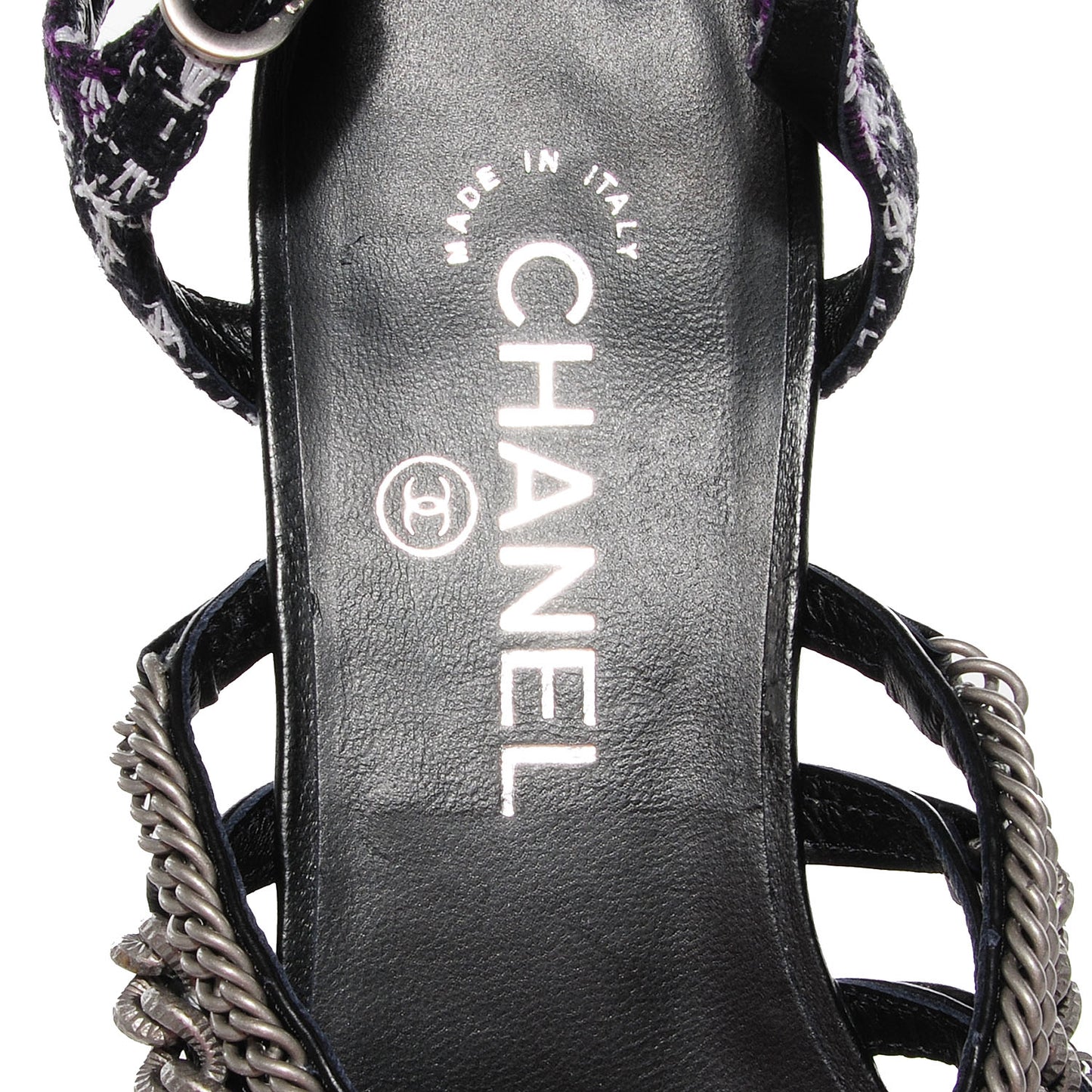 Tweed Chain Flat Sandals 38 Black