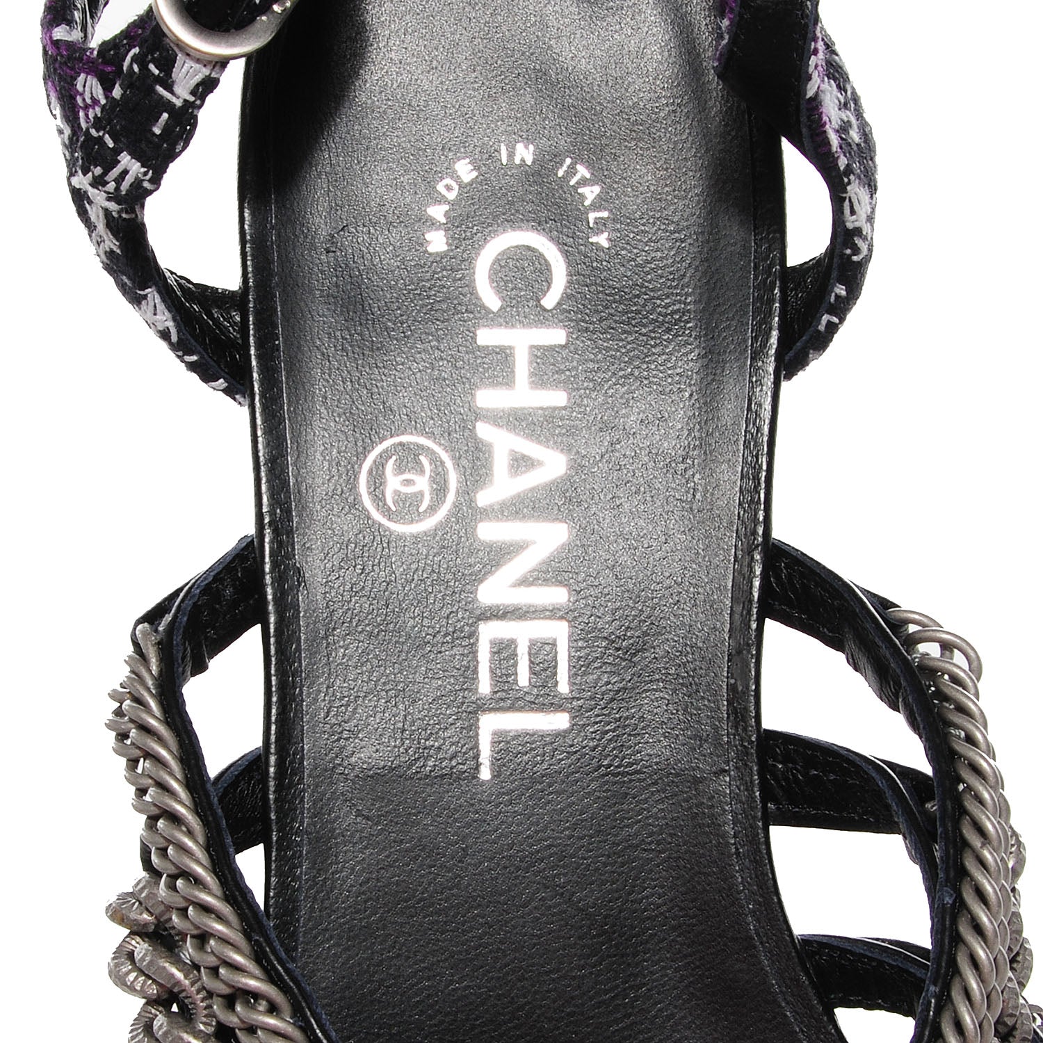 Chanel Tweed Chain Flat Sandals 38 Black 7 of 7