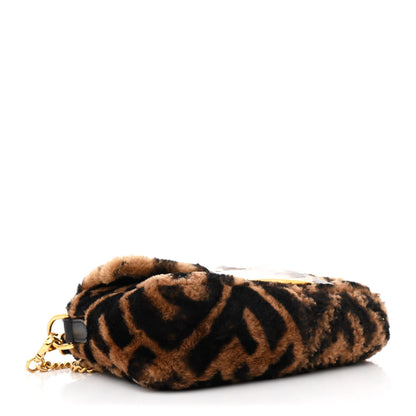 Fendi Shearling Vitello Dolce Macro FF 1974 Mini Baguette Tobacco Black 4 of 10