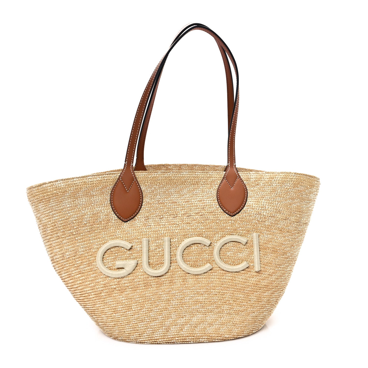 Gucci Straw Calfskin Medium Logo Patch Tote Natural Tan 1 of 10