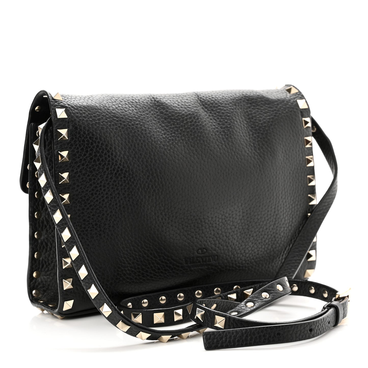 Pebbled Calfskin Medium Rockstud Flip Lock Crossbody Bag Black
