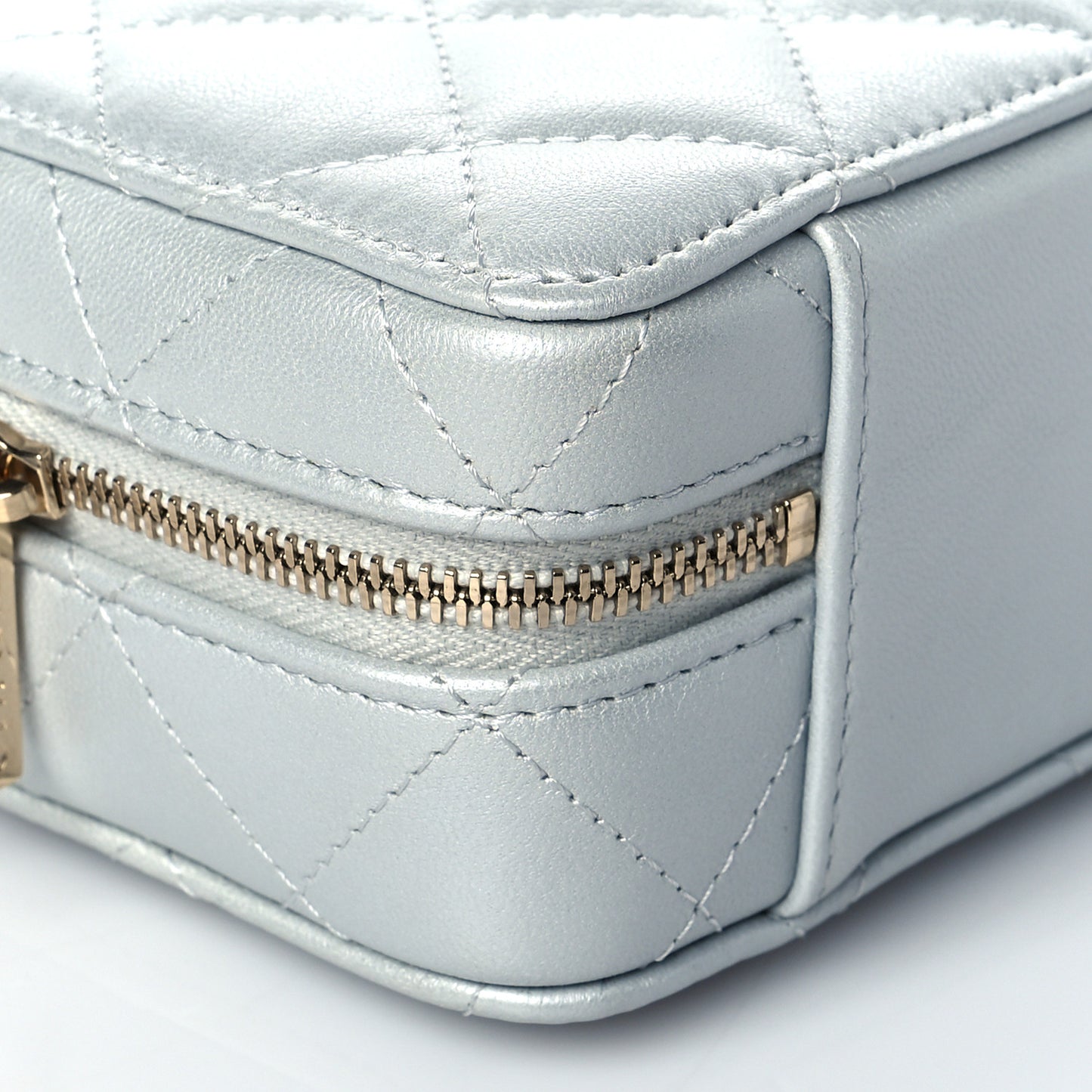 Metallic Lambskin Quilted Top Handle Vanity Case Silver