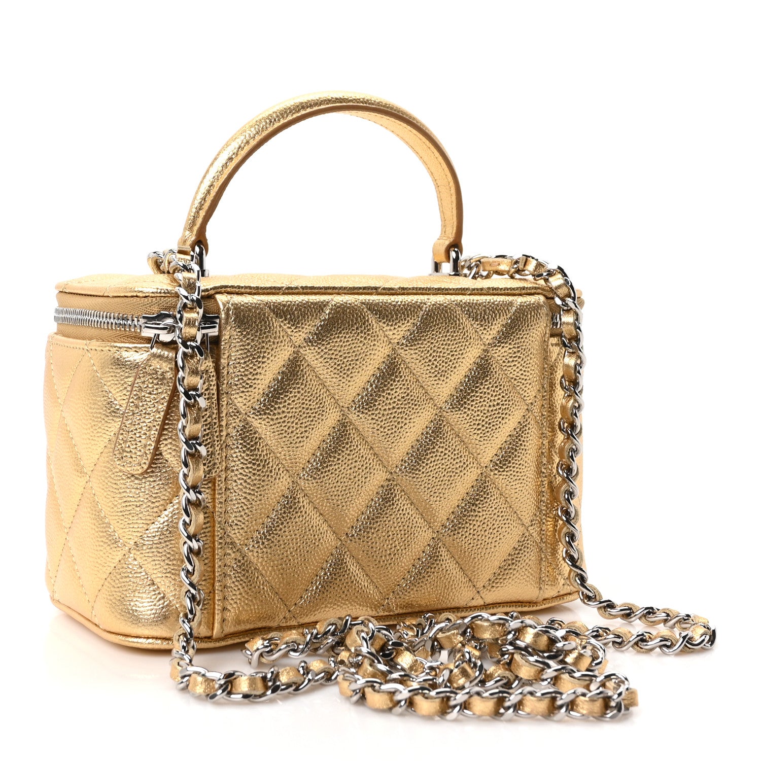Chanel Metallic Caviar Quilted Small Top Handle Vanity Case With Chain Gold 3 of 11
