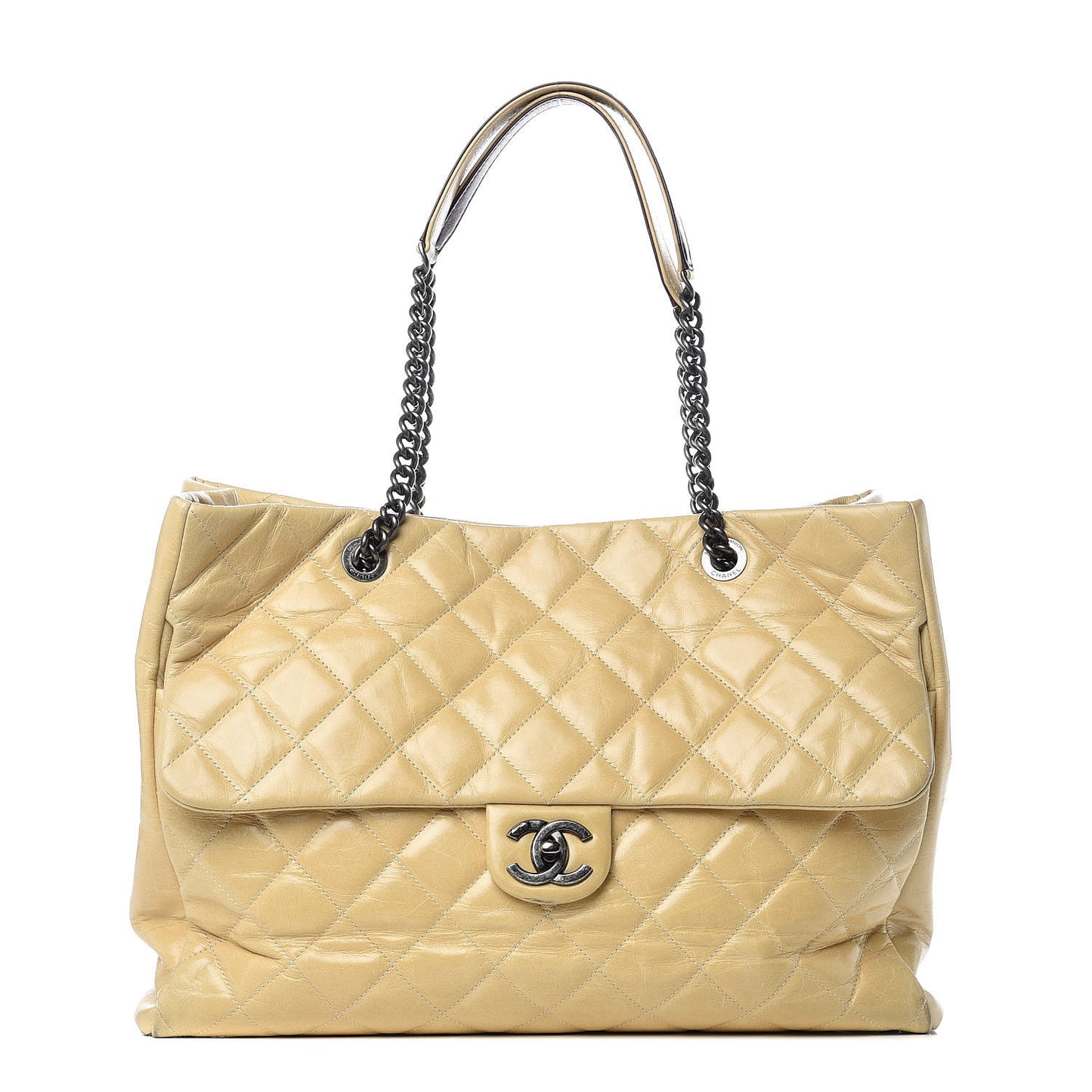 Calfskin Quilted Large Front Flap Tote Beige