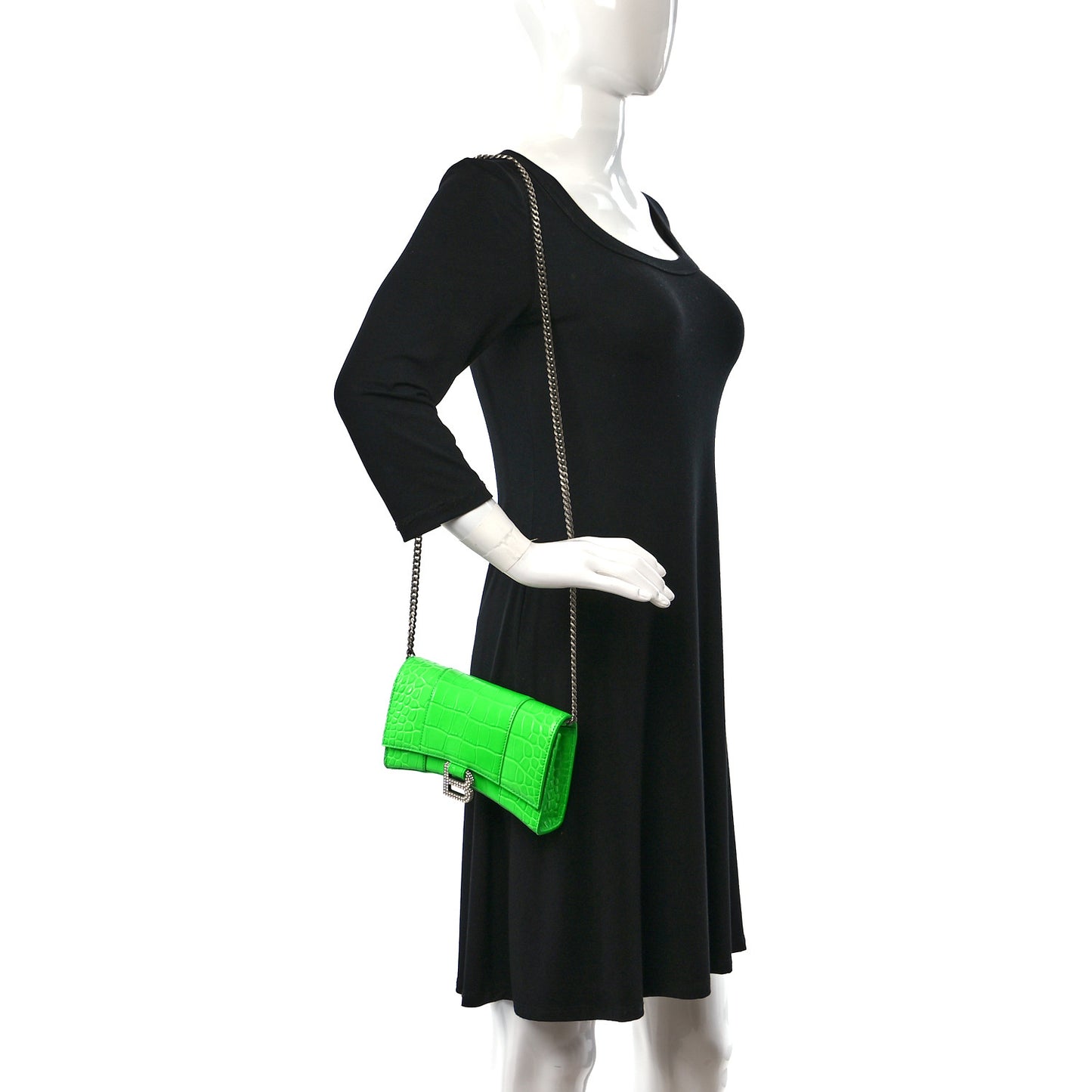 Shiny Calfskin Strass Crocodile Embossed Hourglass Chain Bag Fluo Green