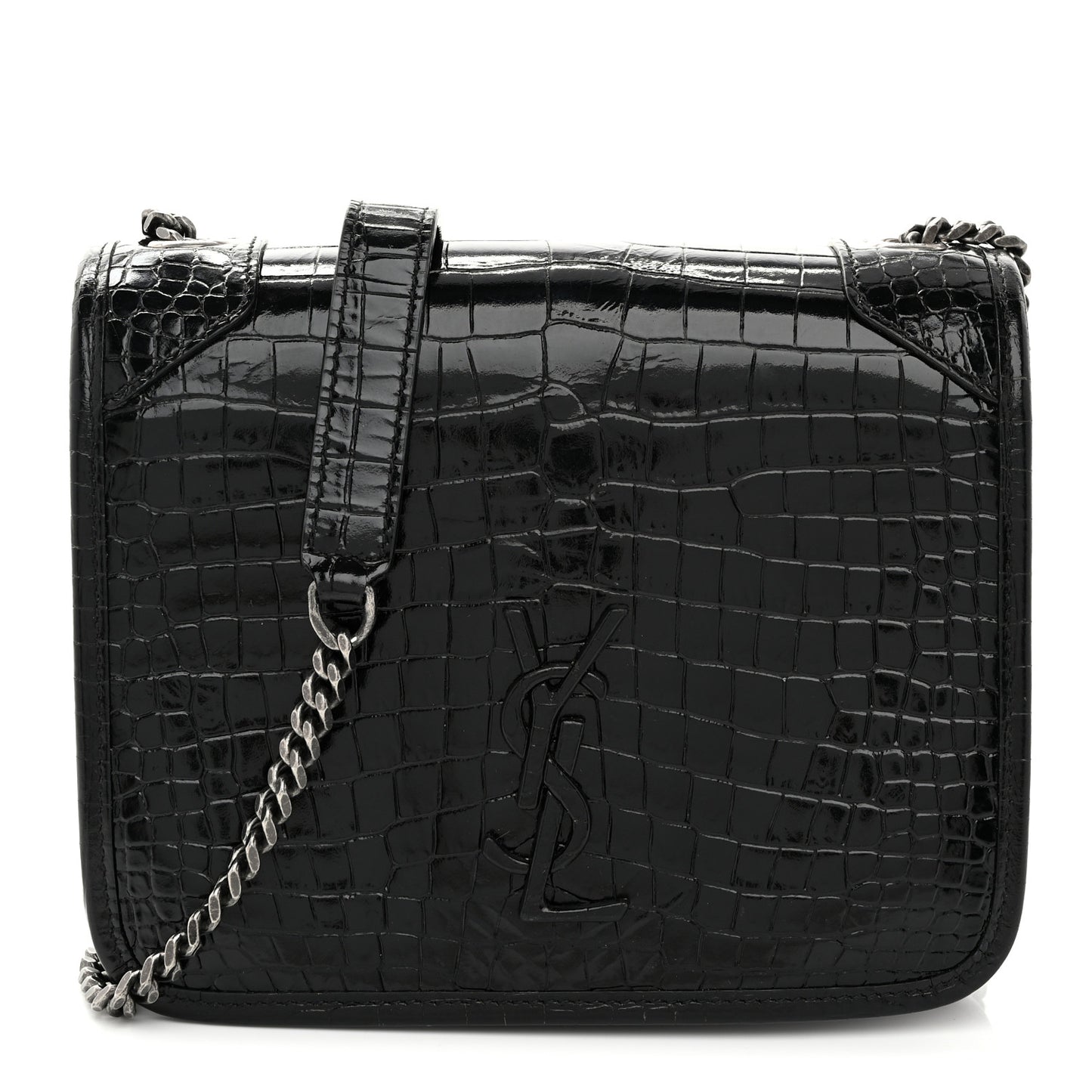 Crocodile Embossed Lambskin Matelasse Monogram Niki Chain Wallet Black