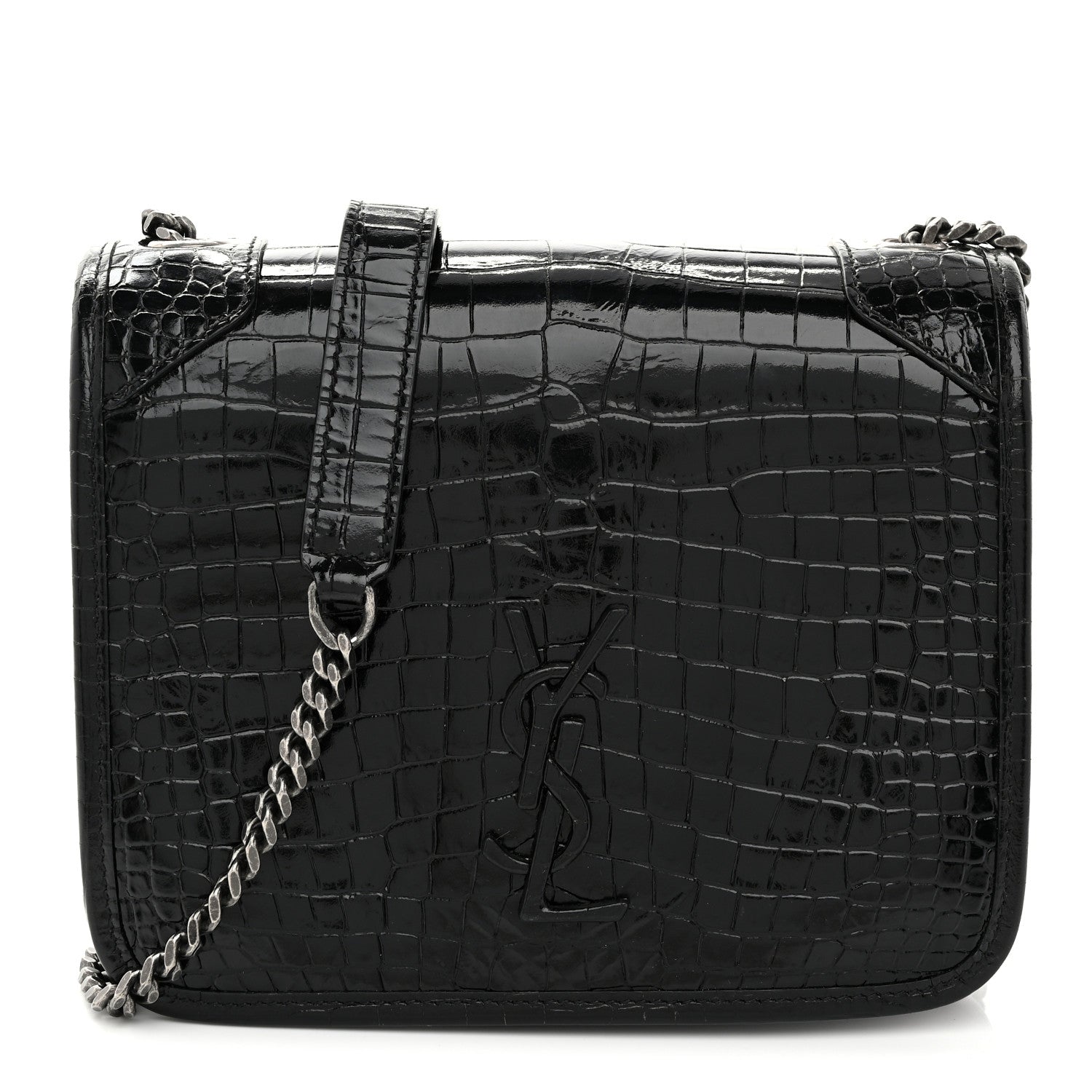 Saint Laurent Crocodile Embossed Lambskin Matelasse Monogram Niki Chain Wallet Black 1 of 10