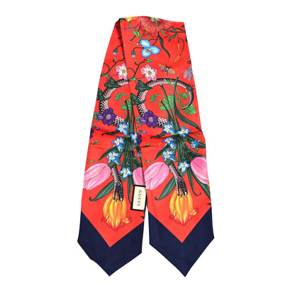 Gucci Silk Twill Flora Snake Neck Bow Scarf Red Blue 2 of 4