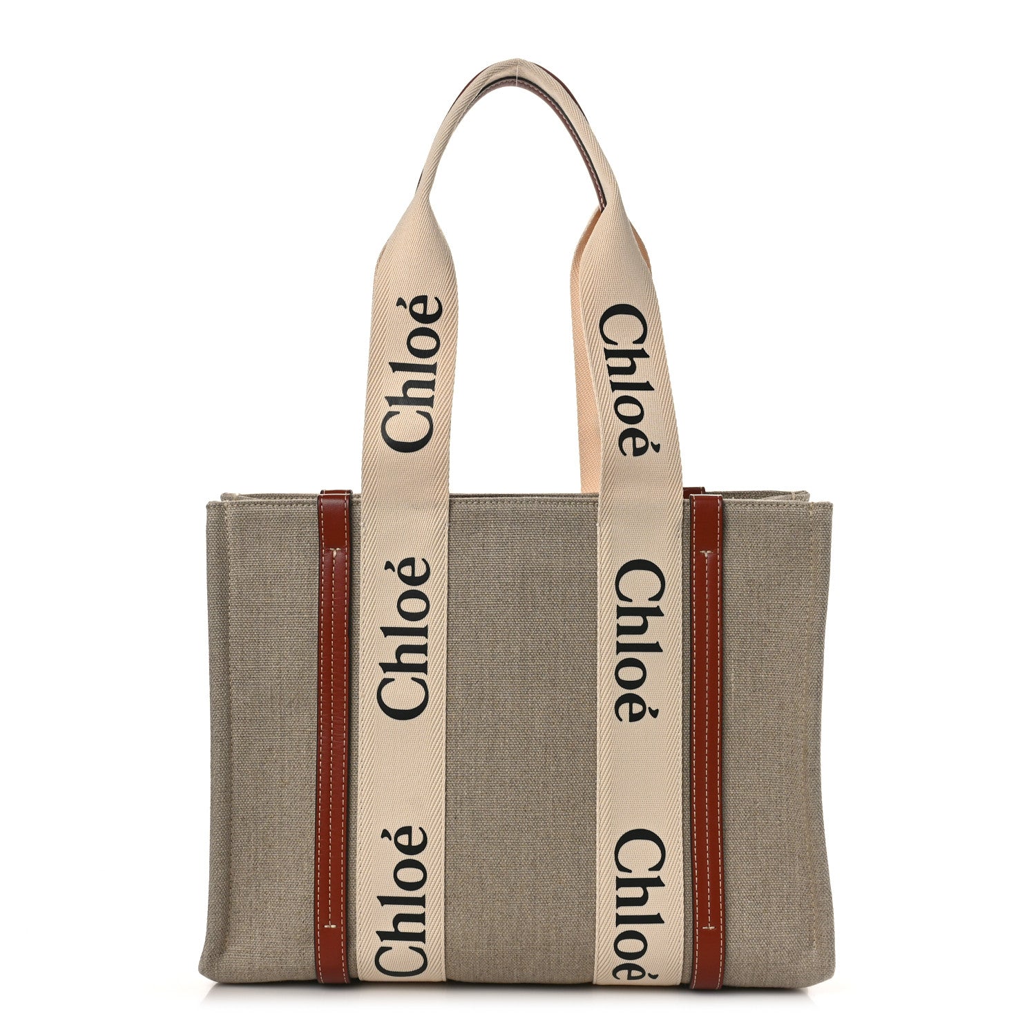 Chloe Cotton Calfskin Medium Woody Ribbon Tote White Brown 1 of 8