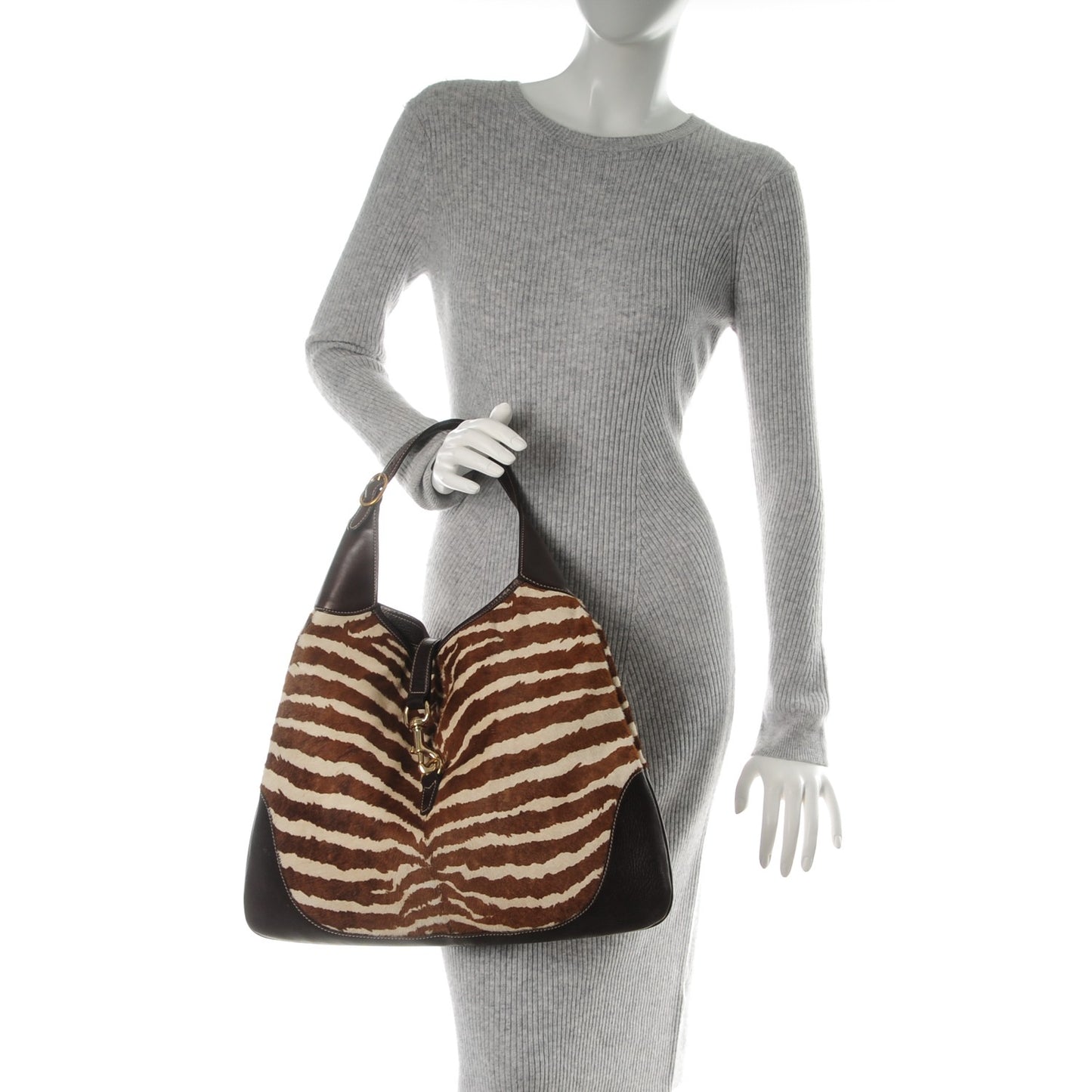 Pony Hair Zebra Print Large Jackie O Bouvier Hobo Brown