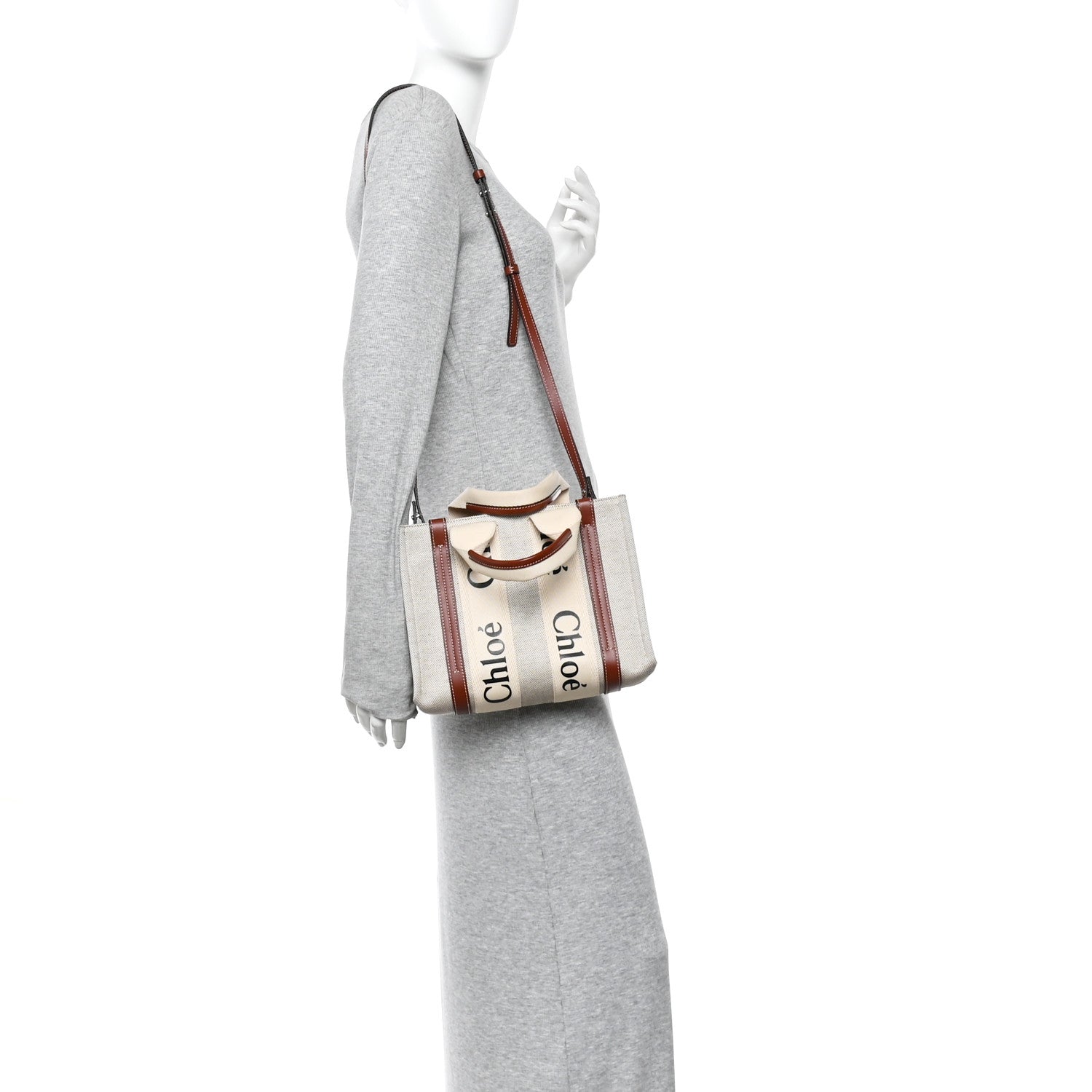 Chloe Cotton Calfskin Small Woody Ribbon Tote White Brown 2 of 10