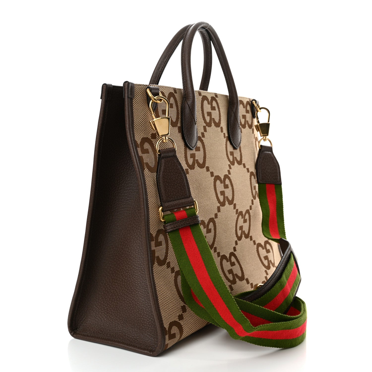 Gucci Monogram Jumbo GG Textured Dollar Calfskin Web Tote Bag Camel Ebony New Acero 3 of 10