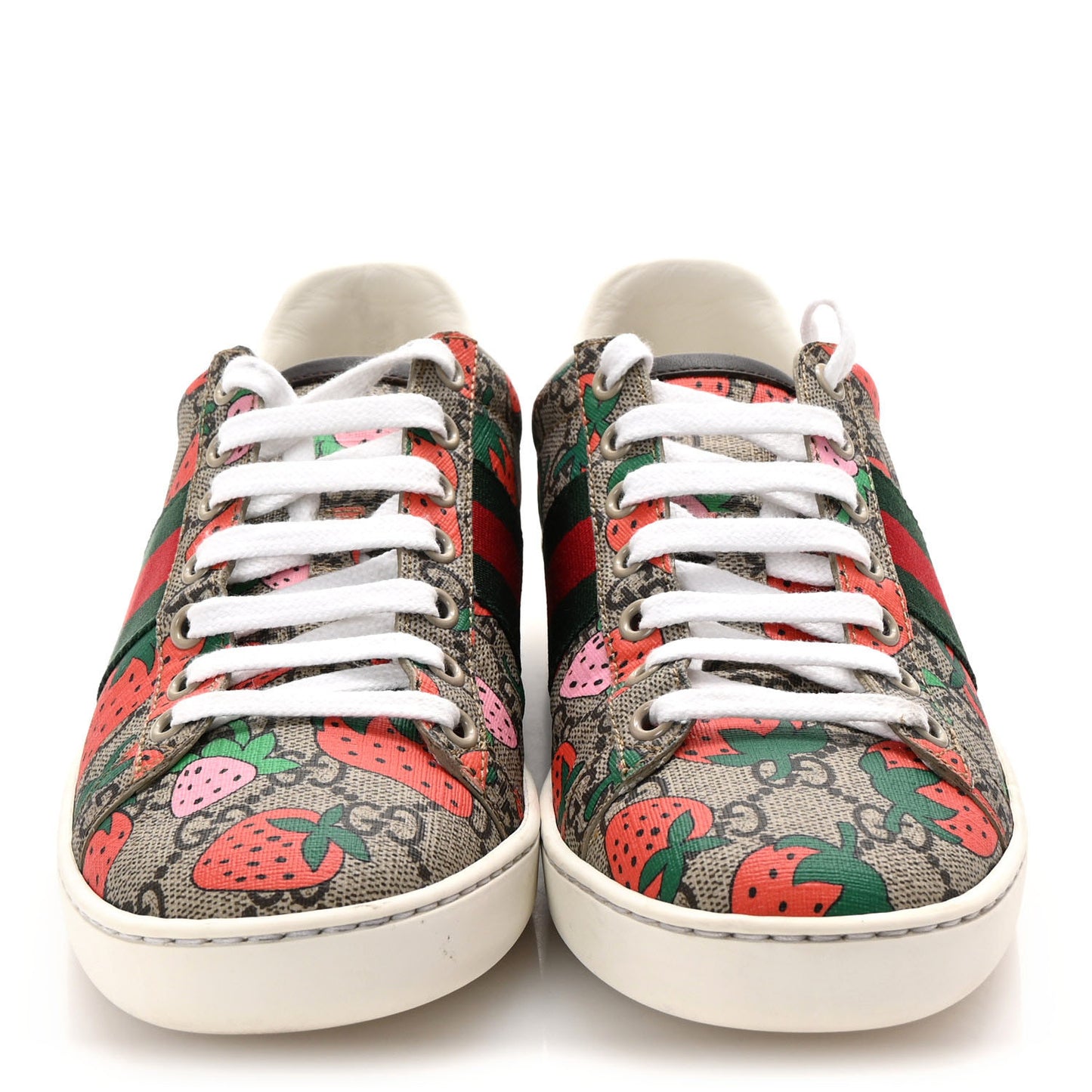 GG Supreme Monogram Strawberry Web Womens Ace Sneakers 37 Beige Multicolor Red Green