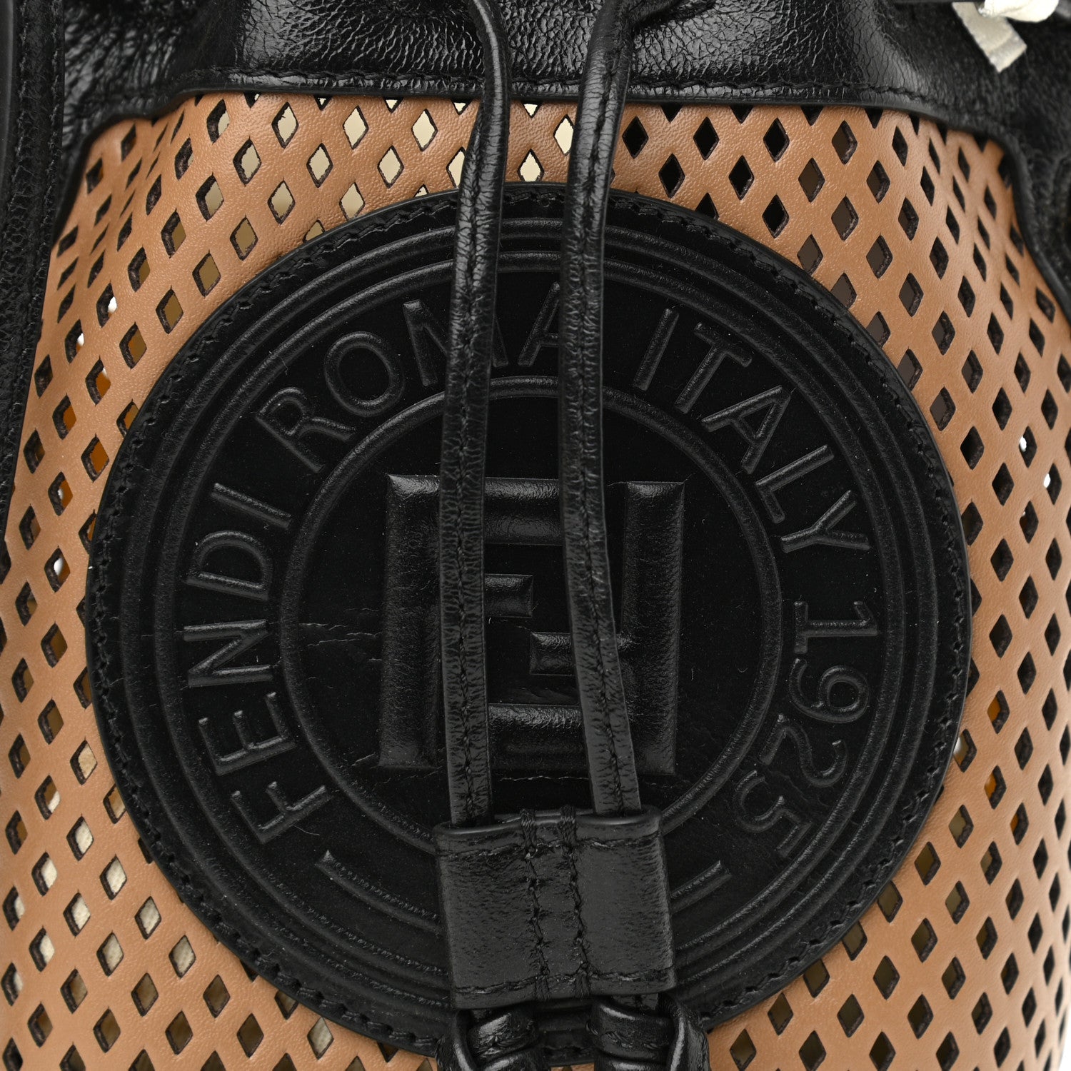 Fendi Vitello Liberty Glossy Lambskin F is Fendi Perforated Mini Mon Tresor Bucket Bag Sand Mimosa Black 8 of 10