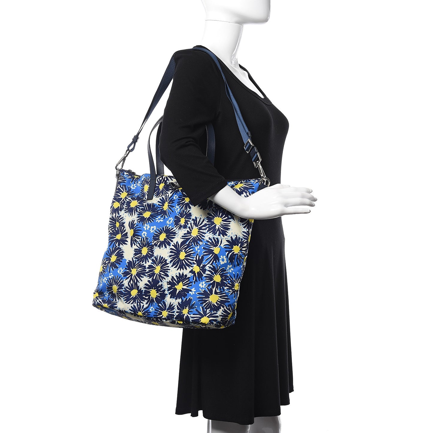Tessuto Nylon Saffiano Floral Print Tote Bluette Dis Primule