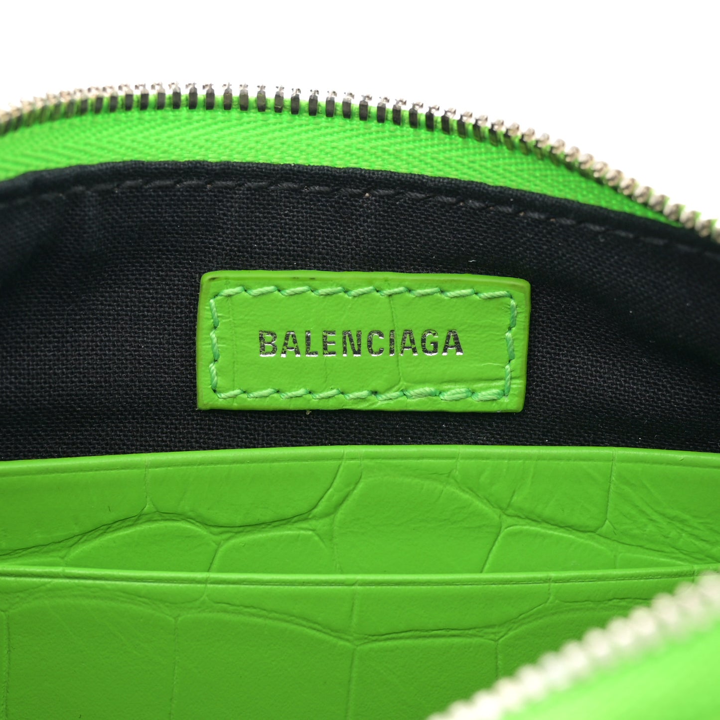 Extra Supple Calfskin Crocodile Embossed Le Cagole Mini Purse With Chain Acid Green