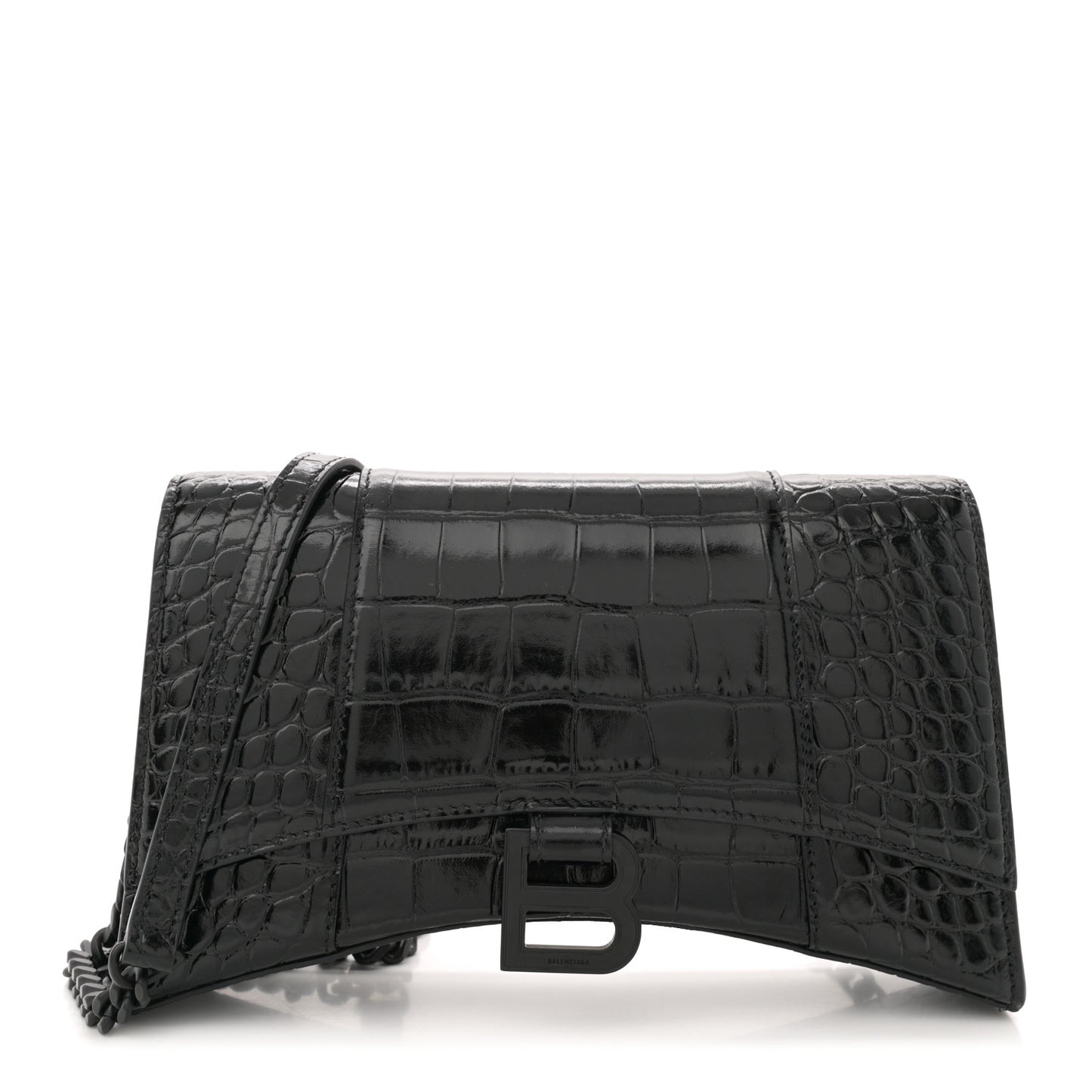 Shiny Calfskin Monochrome Crocodile Embossed Hourglass Chain Bag Black