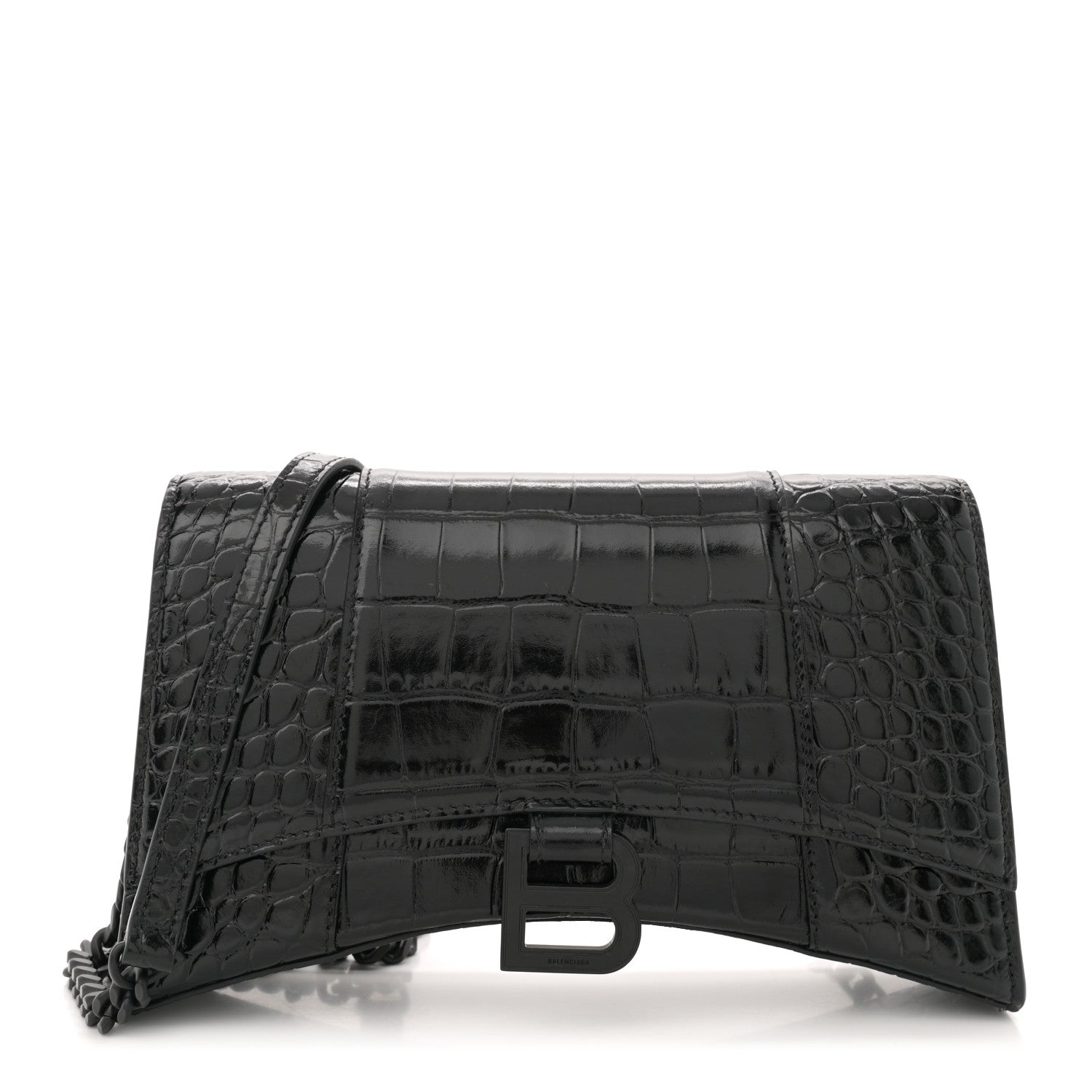 Balenciaga Shiny Calfskin Monochrome Crocodile Embossed Hourglass Chain Bag Black 1 of 12