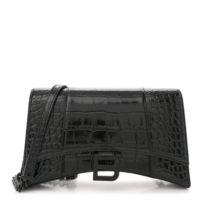 Balenciaga Shiny Calfskin Monochrome Crocodile Embossed Hourglass Chain Bag Black 1 of 12