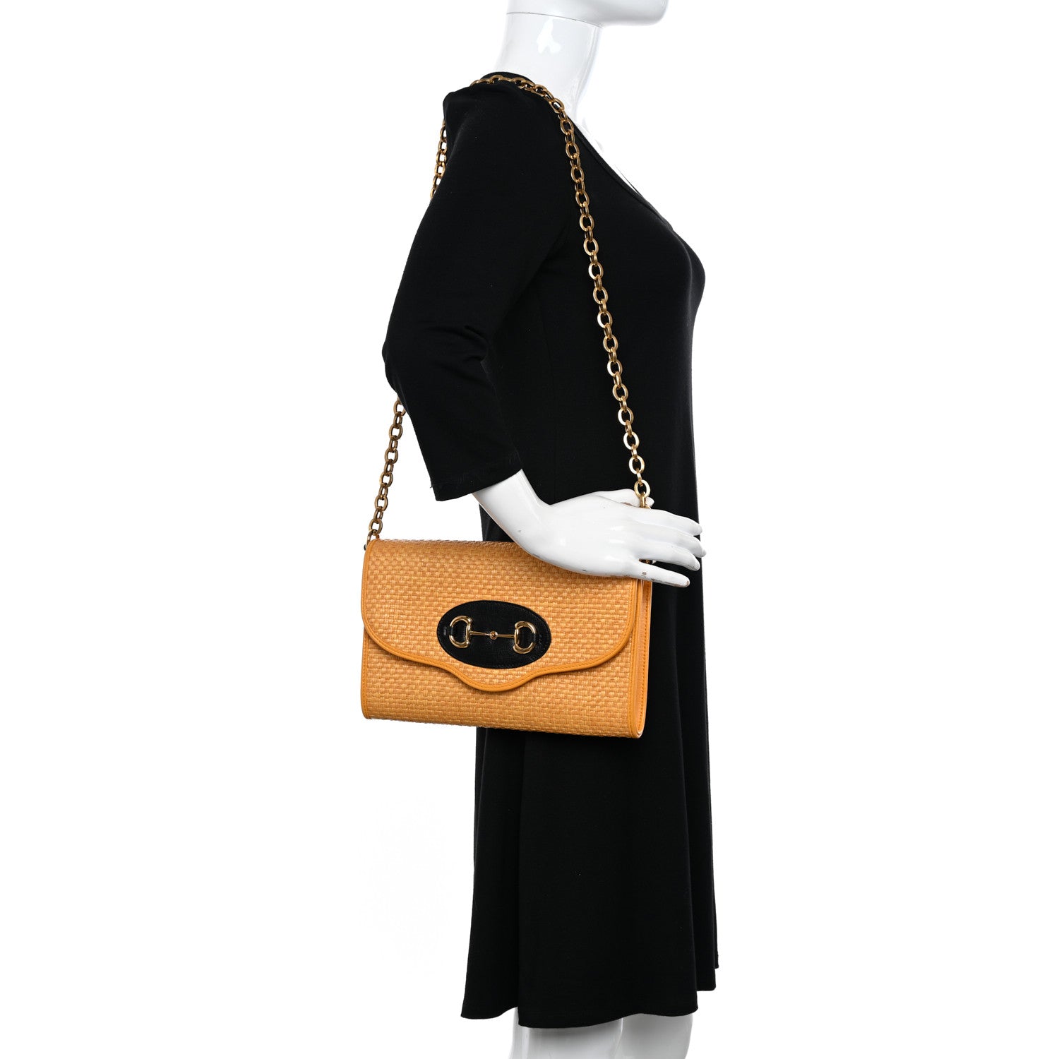 Gucci Straw Azalea Calfskin Mini Horsebit 1955 Chain Shoulder Bag Crop Black 2 of 11