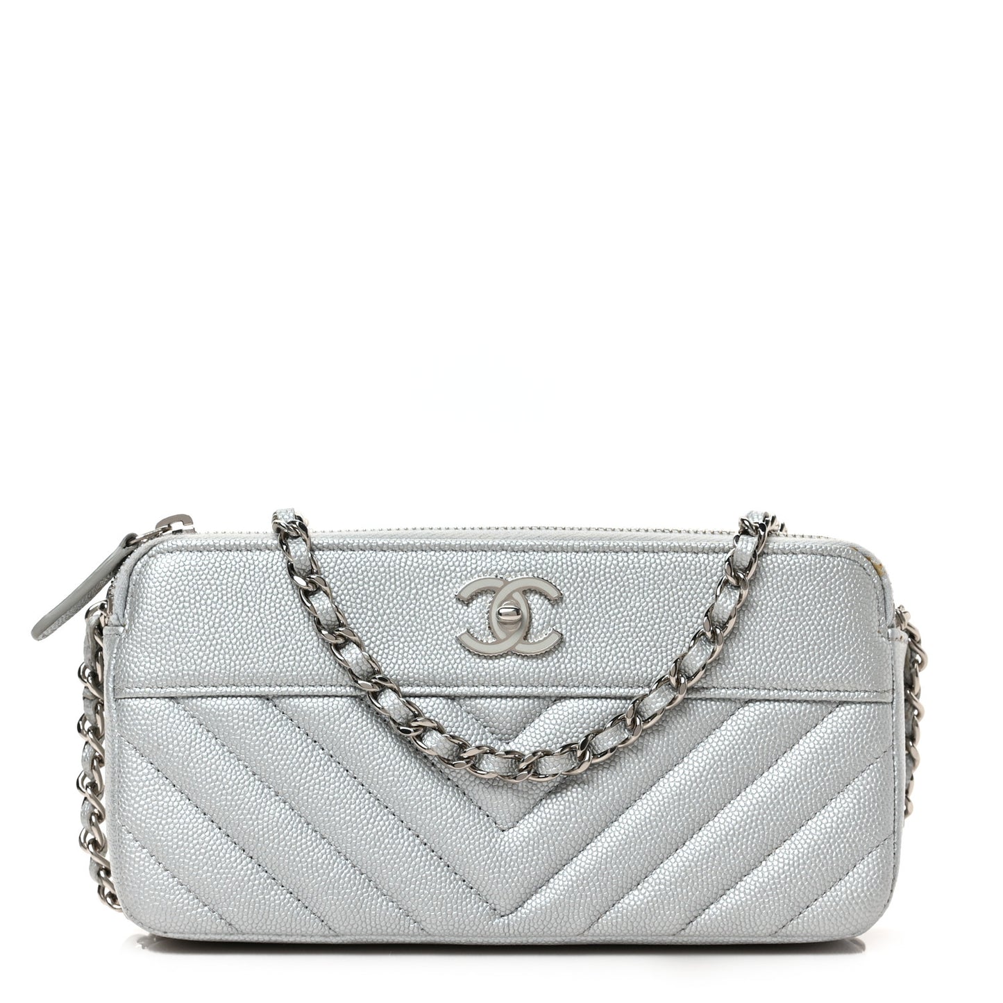 Metallic Caviar Chevron Quilted Small Vintage Mademoiselle Clutch With Chain Silver
