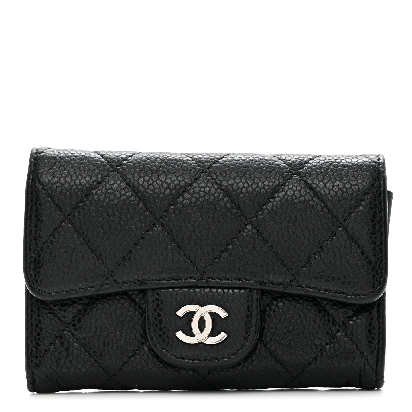 Caviar Quilted Flap Card Holder Wallet Black