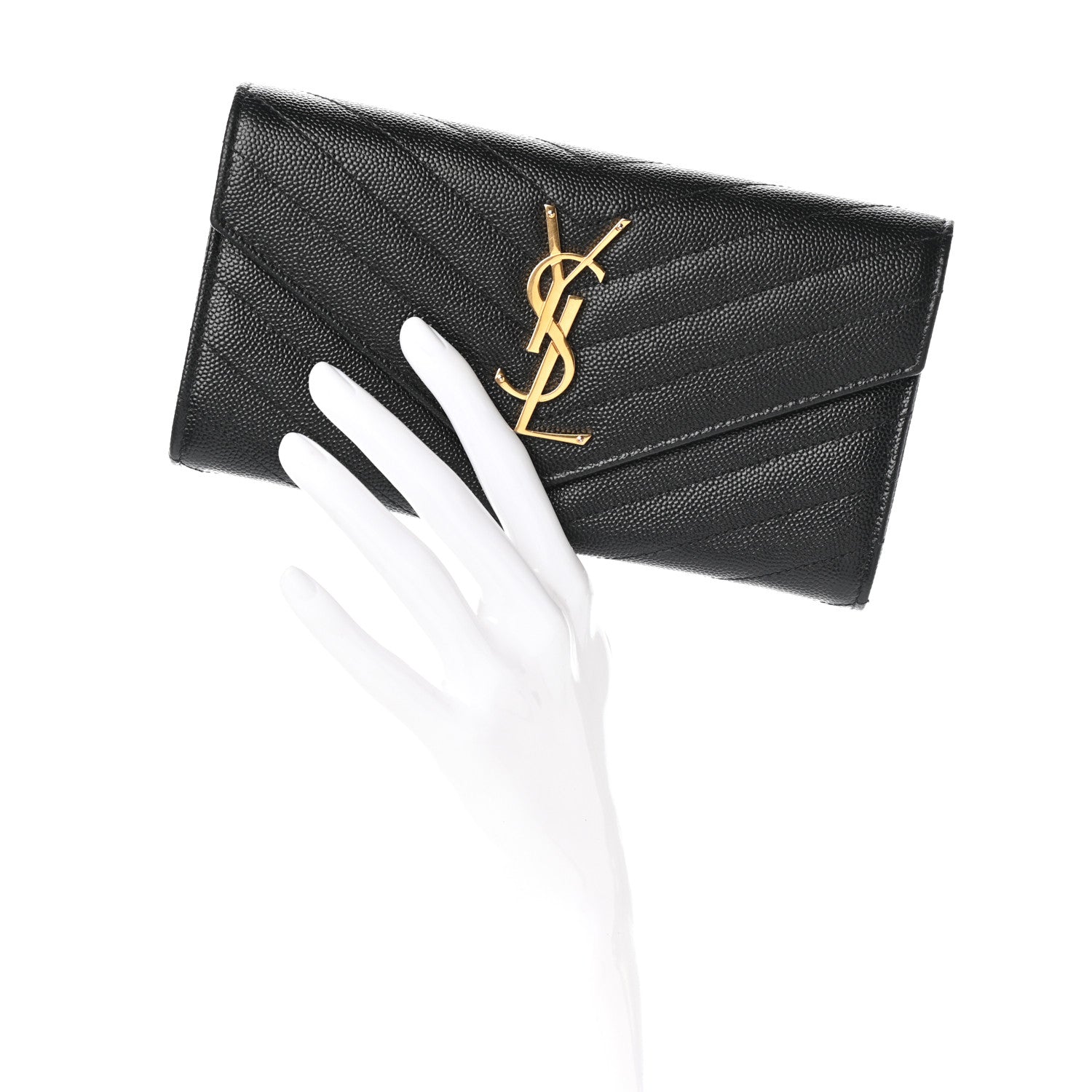 Saint Laurent Grain De Poudre Matelasse Chevron Monogram Flap Wallet Black 2 of 6