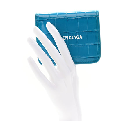 Balenciaga Shiny Calfskin Crocodile Embossed Cash Flap Coin Card Holder Blue 2 of 12