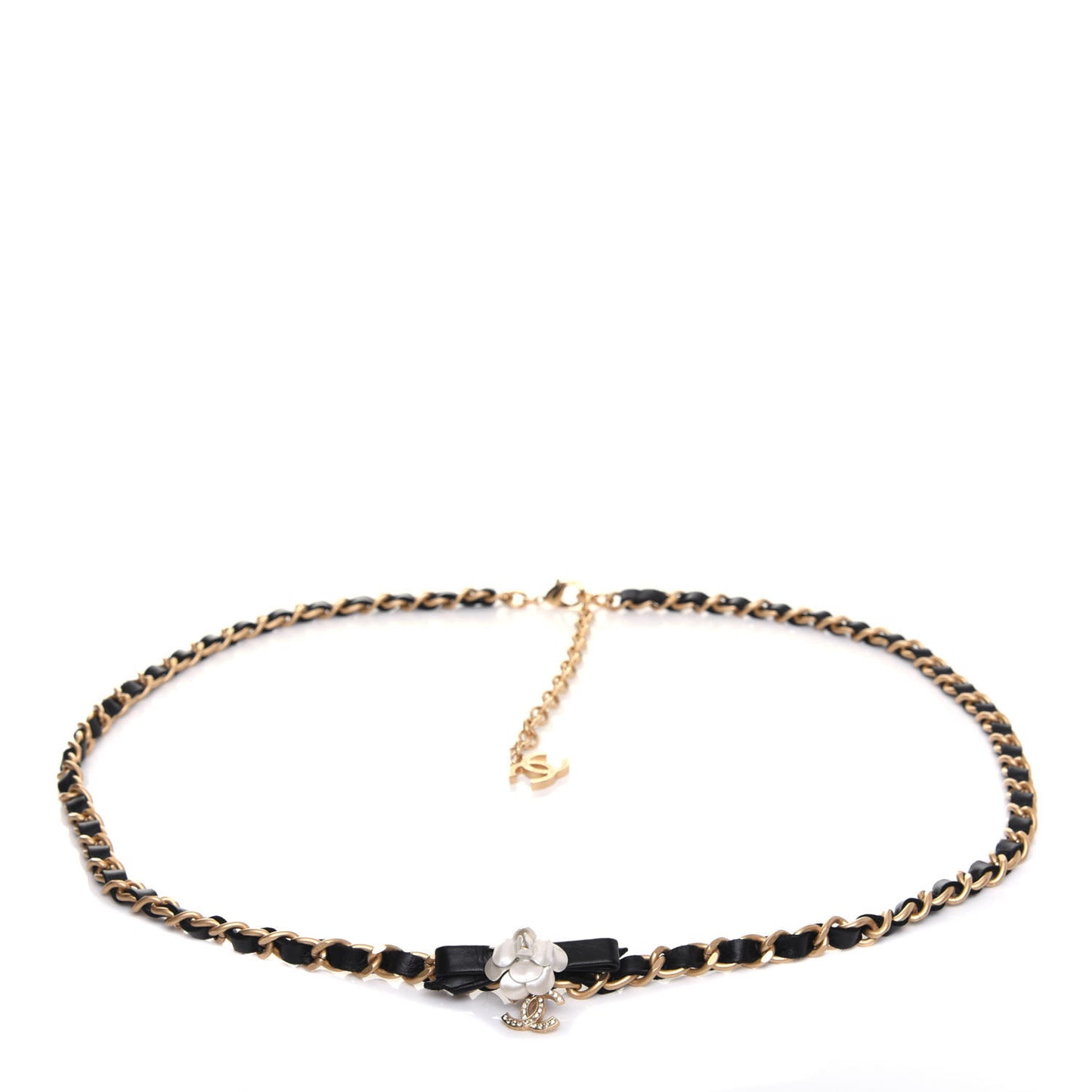 Calfskin Crystal Chain Camellia Belt 90 Black Gold