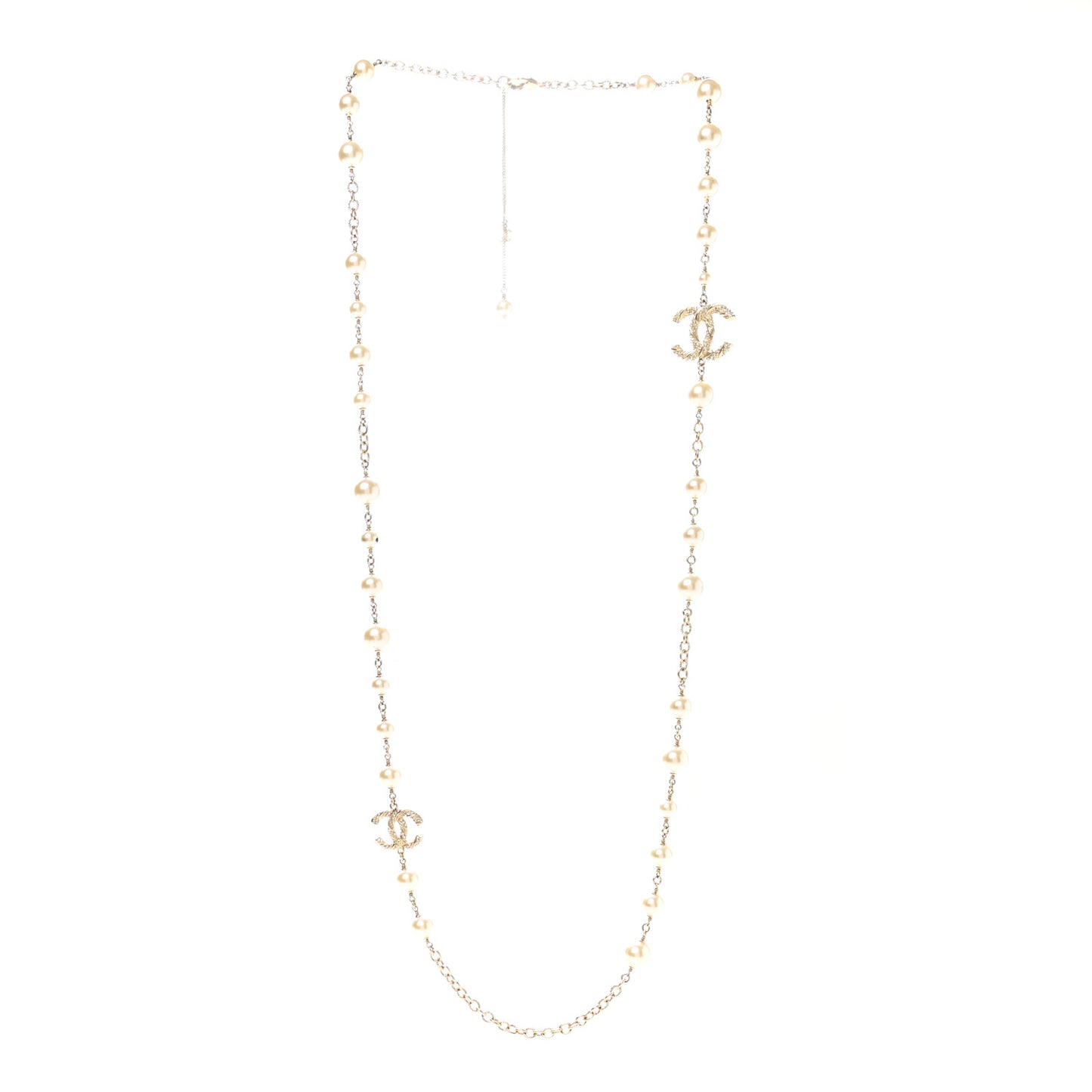 Graduated Pearl Crystal Twisted CC Long Necklace Gold