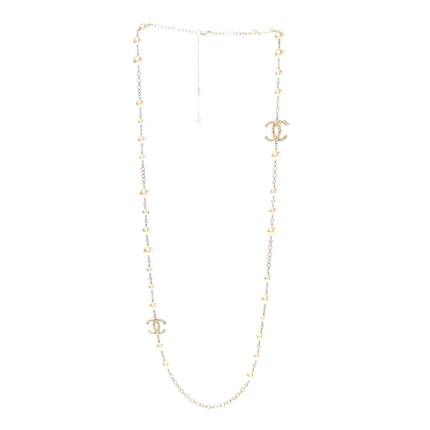 Chanel Graduated Pearl Crystal Twisted CC Long Necklace Gold 3 of 7