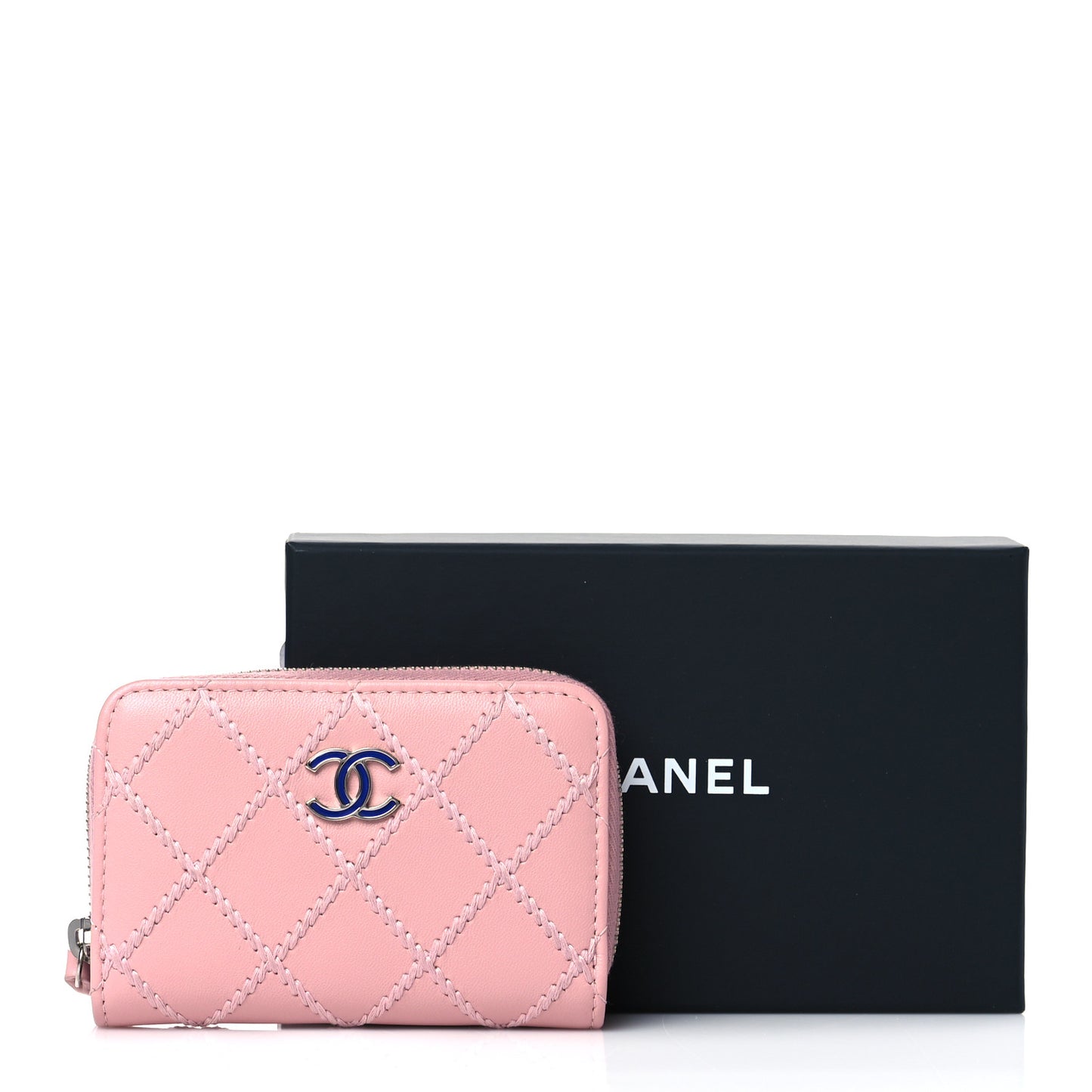 Lambskin Double Stitch Zip Coin Purse Pink
