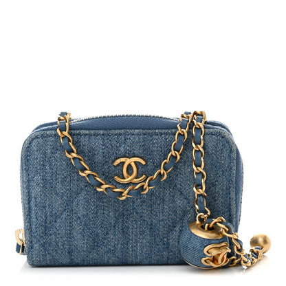Chanel Denim Quilted CC Pearl Crush Zip Card Holder On Chain Blue 1 of 10