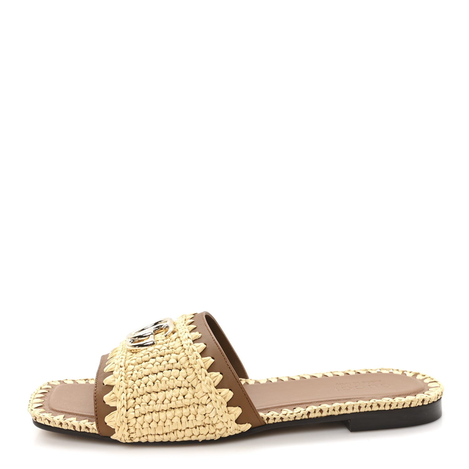 Gucci Raffia Interlocking G Flat Slide Sandals 37.5 Bright Natural Sundial 1 of 9