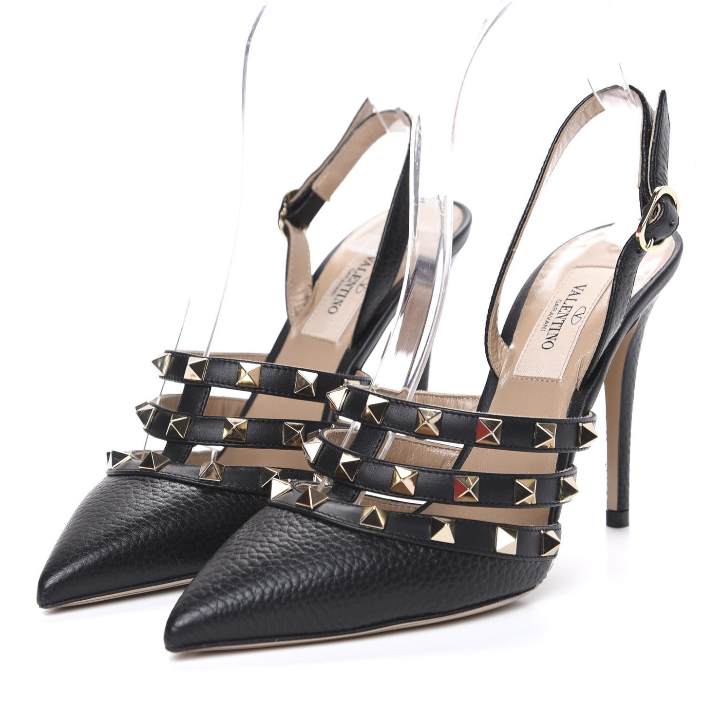 Pebbled Calfskin Rockstud Cage Slingback Pumps 36 Black
