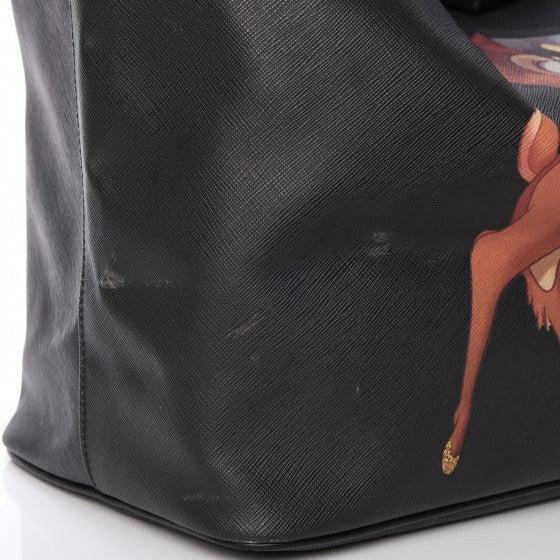 Textured Coated Canvas Bambi Print Large Antigona Tote Black