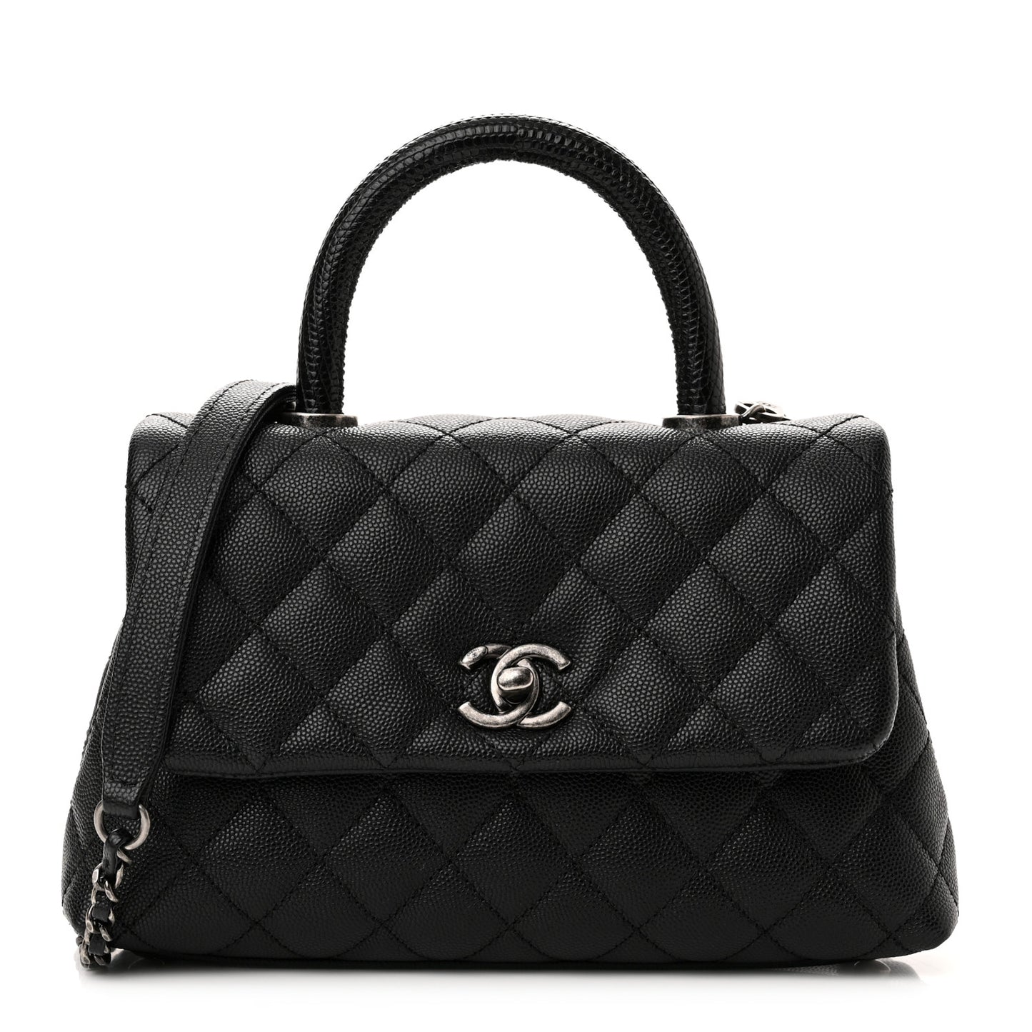 Caviar Lizard Embossed Quilted Mini Coco Handle Flap Black