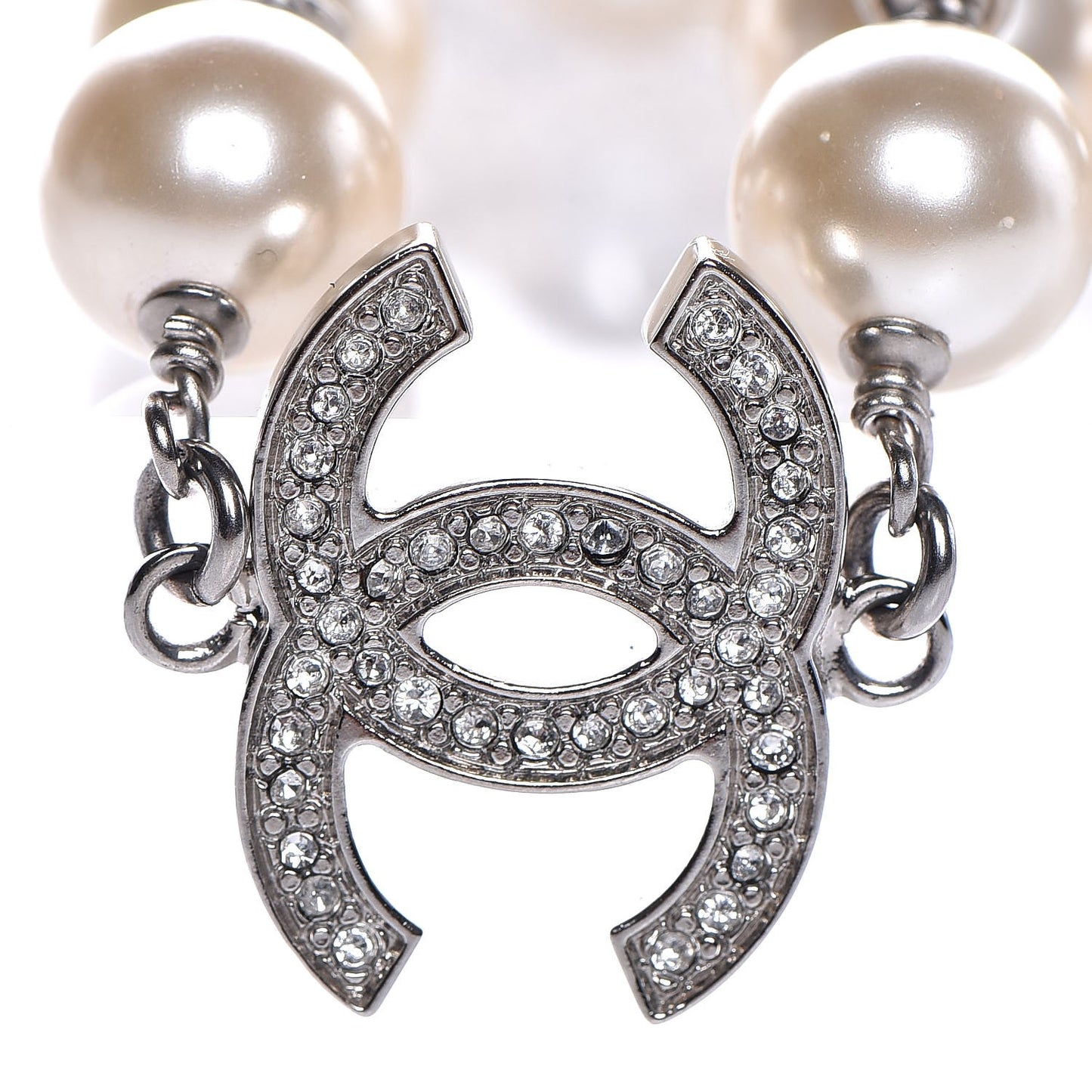Crystal Pearl CC Long Necklace Silver